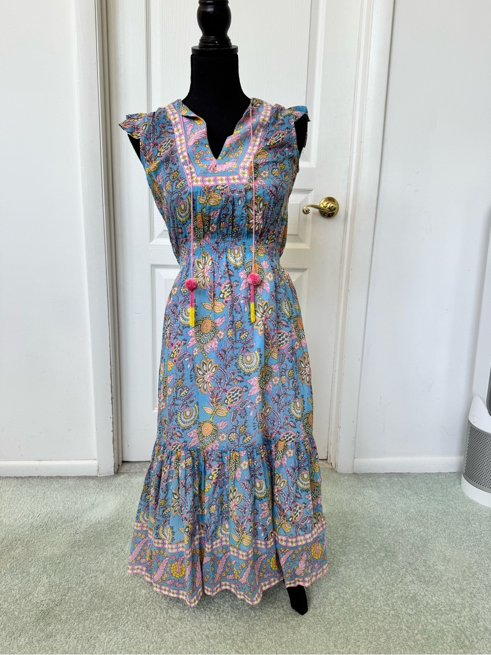 BELL Annae V-Neck Midi Dress In Blue/Yellow Print